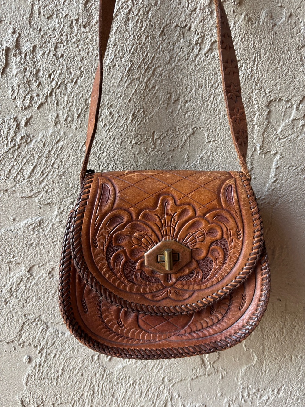 Artisan Tooled Leather Crossbody Bag in Brown